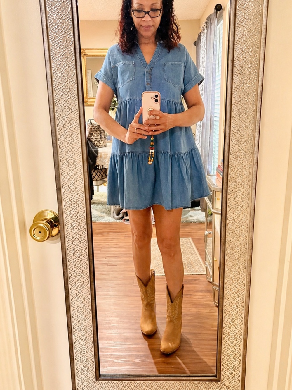 Denim Button-Front Tiered Dress - Blue